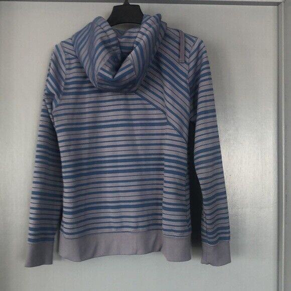 Volcom Woman's Blue Gray Striped Zip Long Sleeve Hoodie Size Large Snap Pockets - Picture 2 of 6